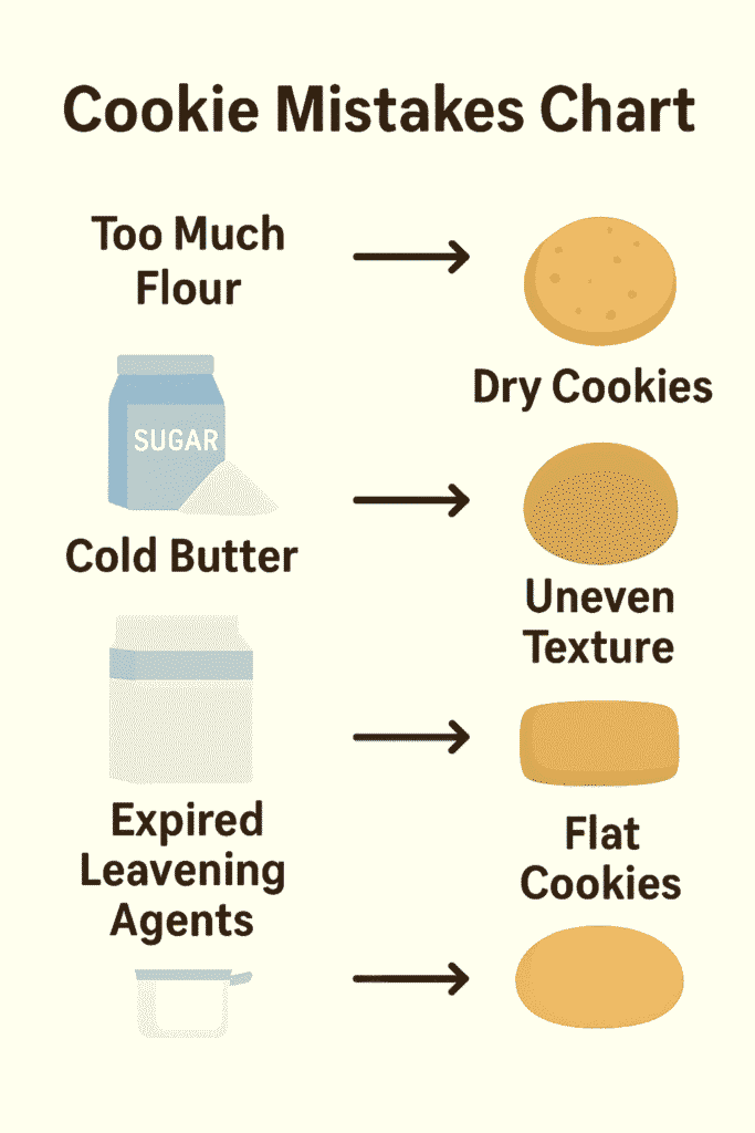 Infographic showing common cookie baking mistakes and how to fix texture problems.