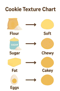 Infographic showing how flour, sugar, butter, eggs, and leavening agents change cookie texture.