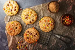 Fresh baked cookies on cooling rack with brown sugar.