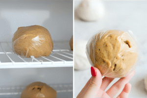 Visual step-by-step process showing cookie dough wrapped and stored in the fridge.