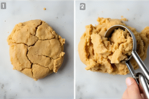 Cookie dough being scooped after chilling, ready to bake for consistent cookies.