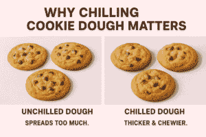 Infographic explaining why chilling cookie dough is important—better flavor, texture, and easier handling.