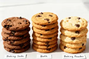 Stacks of chocolate chip cookies labeled Baking Soda, Both, and Baking Powder to compare spread, color, and height differences.