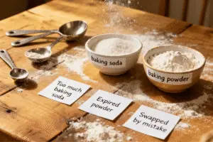Rustic baking table with labeled bowls of baking soda and baking powder, measuring spoons, and cards showing common mistakes like too much soda, expired powder, and swapped by mistake