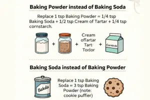 Illustrated infographic showing substitutions to replace baking powder with baking soda plus cream of tartar and cornstarch, and baking soda with triple baking powder.