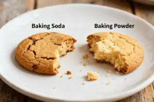 Split plate with two broken cookies, left labeled Baking Soda showing chewy cracked texture, right labeled Baking Powder showing fluffy cake‑like crumb.