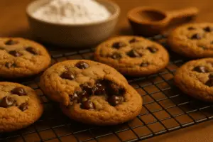 Classic chocolate chip cookies with a bowl of all-purpose flour in the background