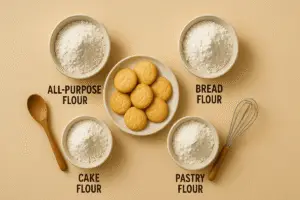 Different types of flour and cookies arranged on a kitchen counter — best flour for cookies.