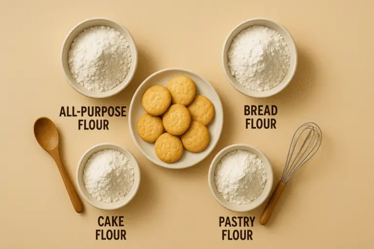 Different types of flour and cookies arranged on a kitchen counter — best flour for cookies.