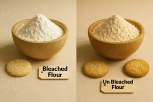 Side-by-side of bleached and unbleached flour with sample cookies.