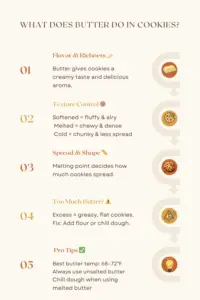 Infographic showing how butter affects cookies’ flavor, texture, and spread.
