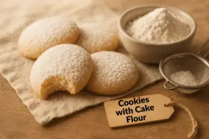 Delicate cookies dusted with powdered sugar and a bowl of cake flour
