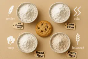 Flat-lay showing how to choose the best flour for cookies with four flour samples
