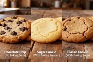 Three‑panel collage of cookies: chocolate chip without baking soda, sugar cookie with baking powder, and classic cookie with baking soda, labeled over rustic background.