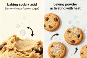 Visual explainer comparing baking soda reacting with acid in dough vs baking powder activating with heat, over chocolate chip cookies.
