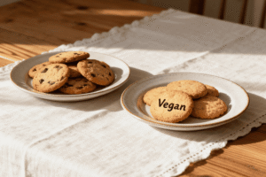 Two plates: one with traditional egg-based cookies and one labeled vegan with egg-free cookies.
