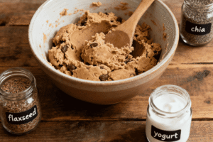 Jars of flaxseed, chia, and yogurt next to cookie dough being mixed as common egg replacements.