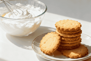 Crispy-edged cookies stacked on a plate with a glass bowl of whisked egg whites next to them.