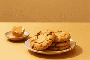 Golden-brown chewy cookies on a small plate with a cracked egg yolk in a dish beside them.