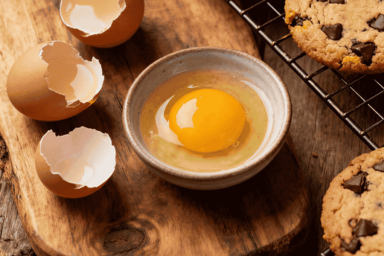 What do eggs do in cookies? Rustic wooden board with cracked eggs, a yolk in a small bowl, and chocolate chip cookies cooling on a wire rack