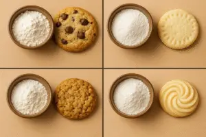 Collage showing cookies made with all-purpose, cake, bread, and pastry flours.