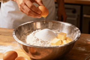 Mixing bowl with flour, sugar, and butter, with two cracked eggs beside it and a baker holding an egg above the bowl.