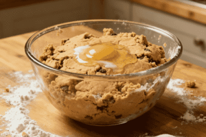 Glass bowl of cookie dough with a cracked egg on top, surrounded by flour and sugar in a rustic kitchen.