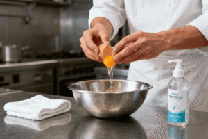 Baker’s hands cracking an egg into a bowl with sanitizer and towel nearby for hygiene.