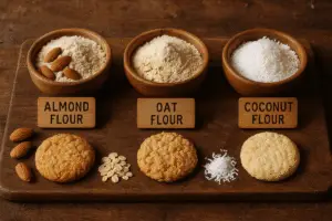 Almond, oat, and coconut flours with sample gluten-free cookies.
