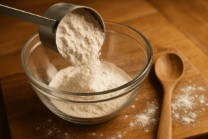 “Measuring cup pouring all-purpose flour into a bowl for cookie baking