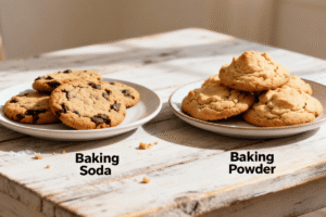 Side‑by‑side plates of cookies labeled baking soda and baking powder, highlighting flatter chewy cookies vs puffier mound‑shaped cookies in warm natural light.