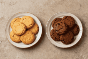 Side-by-side plates of cookies: one baked with whole eggs and one baked with extra yolks, showing texture and color difference.