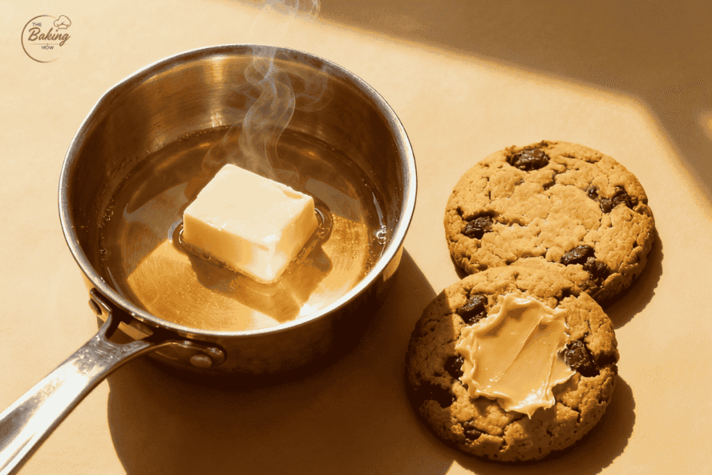 Close-up of butter melting in a saucepan beside golden cookies showing rich color and spread — demonstrating butter’s role in flavor and texture
