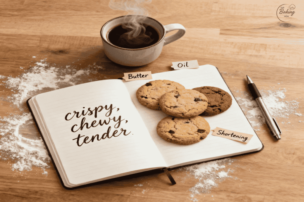 Flat lay of baker’s notebook with cookie texture notes and sample cookies labeled butter, oil, and shortening — showing how fat choice affects cookie results.