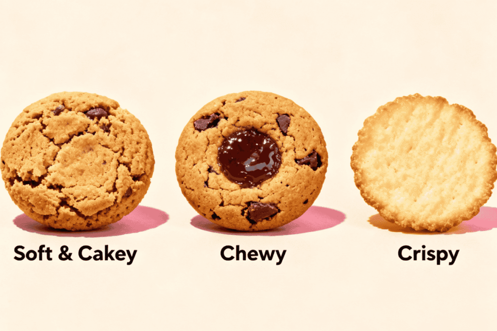 Cookie texture types – soft, chewy, and crispy cookie comparison.