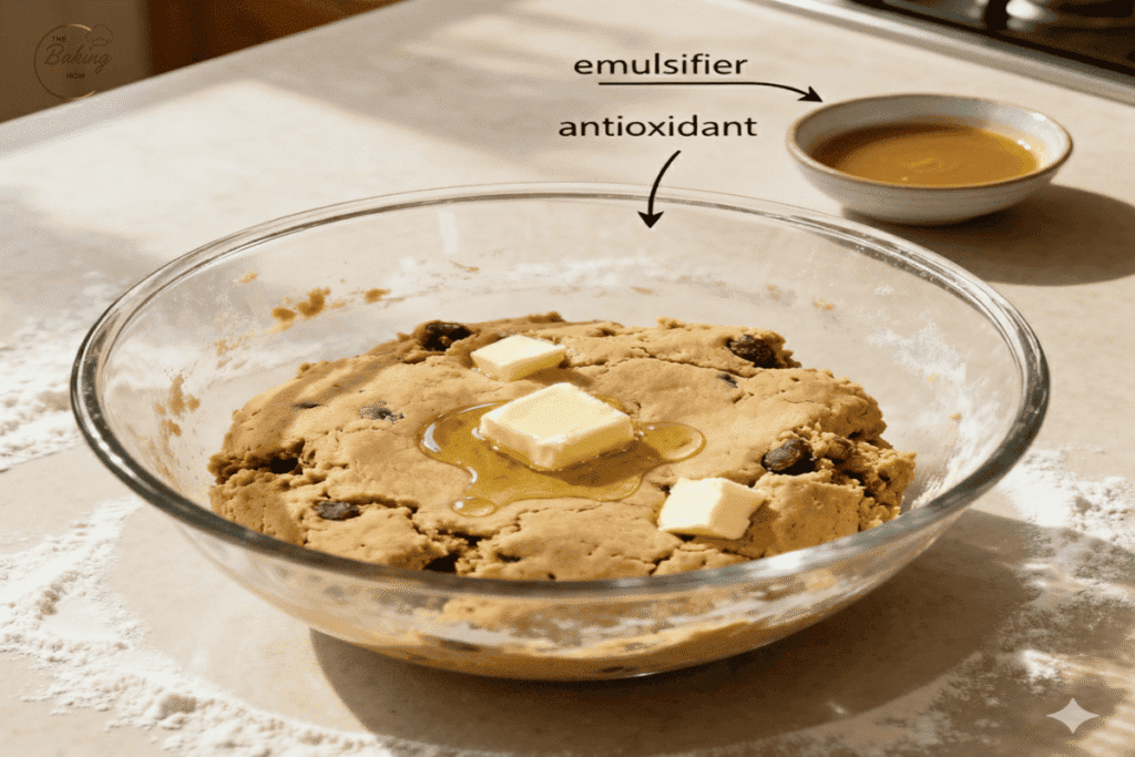 Cookie dough being mixed with butter, oil droplets, and bowl of lecithin labeled as emulsifier and antioxidant — explaining fat stability in baking.