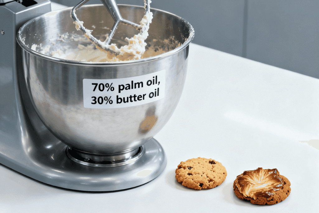 Professional bakery setup showing measured mix of palm oil and butter oil with sample cookies beside — demonstrating fat blending for texture control.