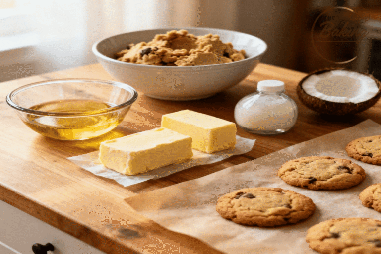 Baking scene with butter, margarine, coconut oil, and cookie dough on a wooden counter beside freshly baked cookies — illustrating how fats and oils in cookies affect.