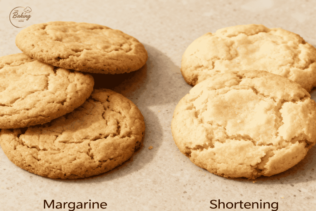 Side-by-side comparison of cookies made with margarine and shortening showing spread and puffiness differences in baking