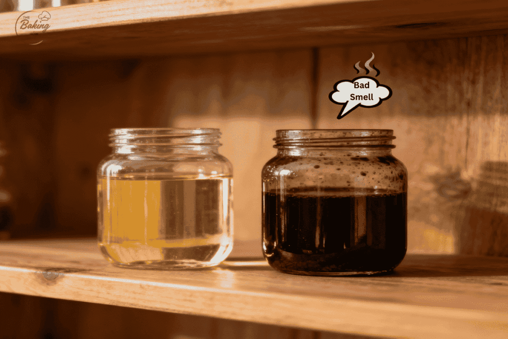 Two glass jars showing fresh golden oil and rancid dark oil side by side to illustrate oxidation and rancidity in baking fats