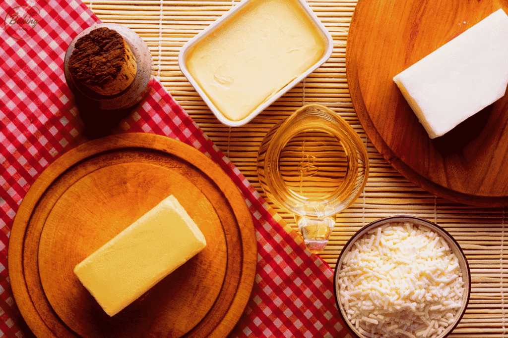 “Unwrapped butter, margarine, shortening, and vegetable oil bottles arranged neatly on marble counter showing main fat types used in cookie baking.”