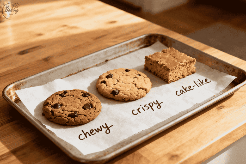 Tray showing chewy, crispy, and cake-like cookies labeled by fat type — butter, oil, and shortening — to demonstrate how fats influence cookie texture.