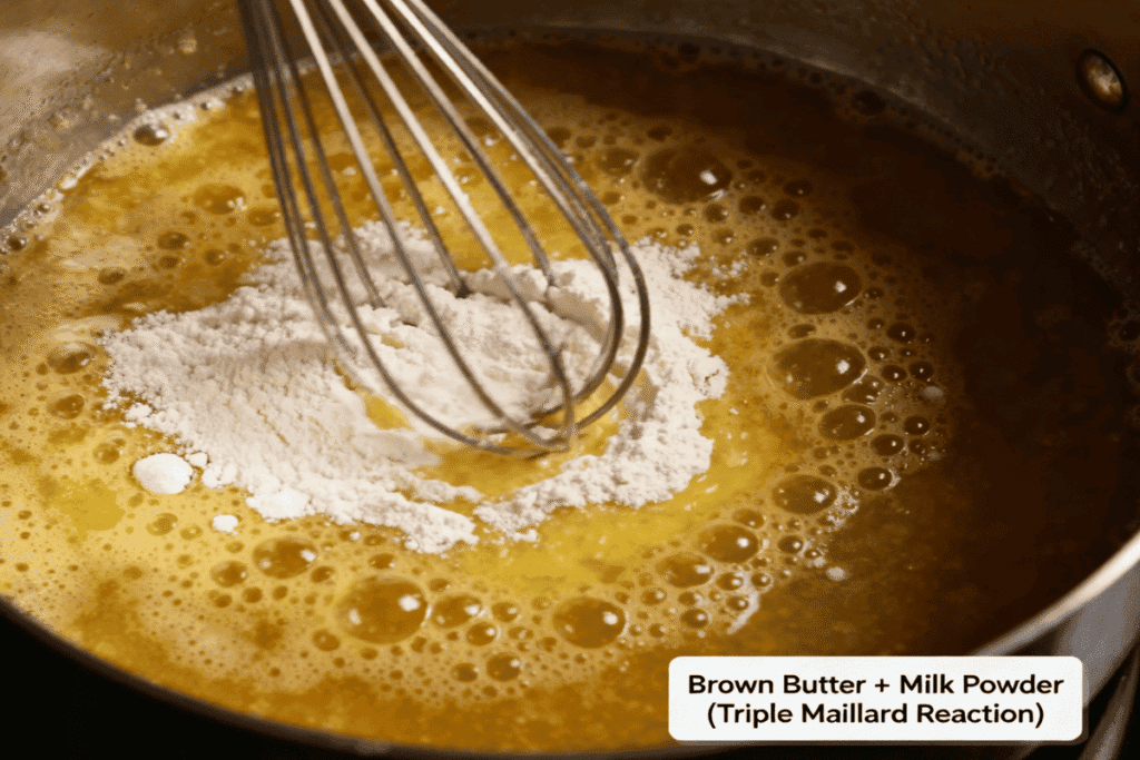 Close-up of browned butter with milk powder being whisked in to create rich caramelized mixture for cookies