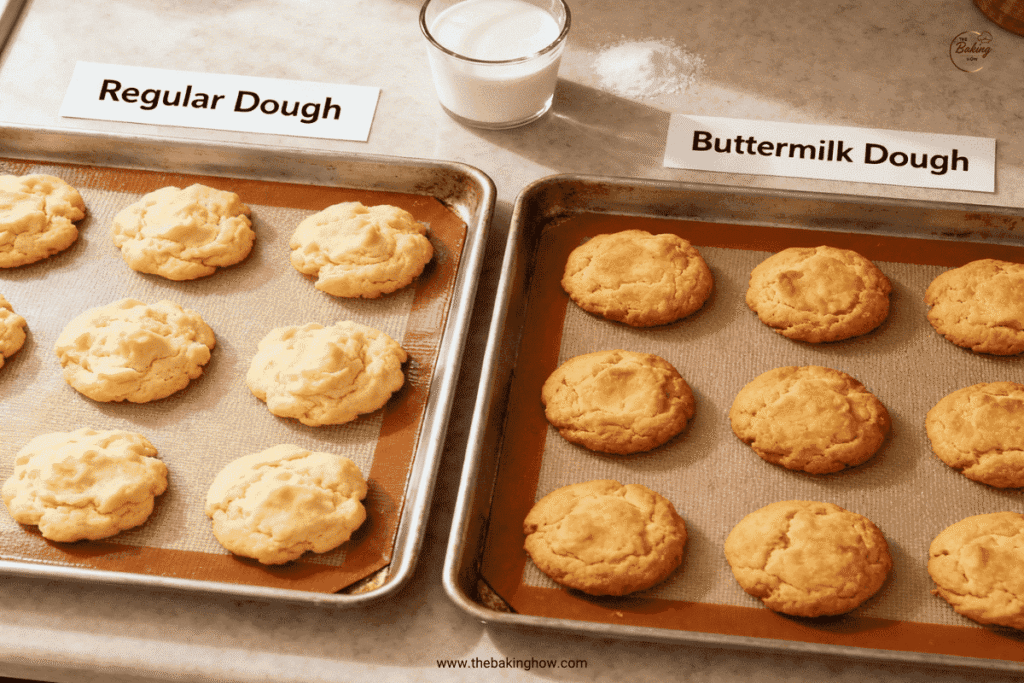 Two trays of cookies labeled regular dough and buttermilk dough showing puffier texture and golden color difference.