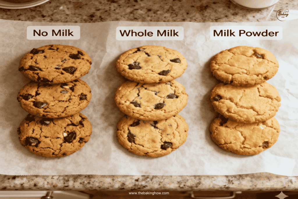 Three batches of cookies labeled no milk, whole milk, and milk powder showing texture and color differences from crisp to chewy.