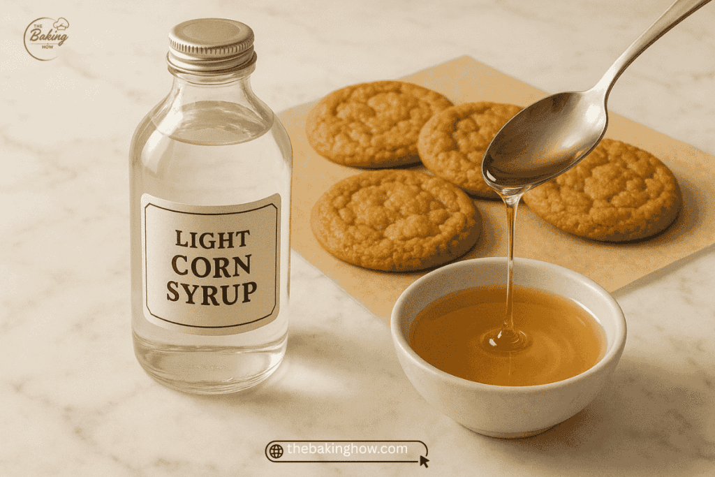 Light corn syrup being poured beside freshly baked chewy cookies.