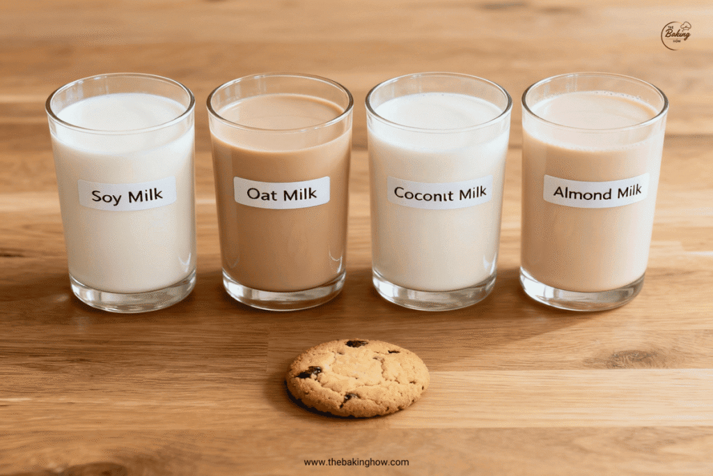 Labeled glasses of soy, oat, coconut, and almond milk with small cookies showing plant-based baking alternatives.