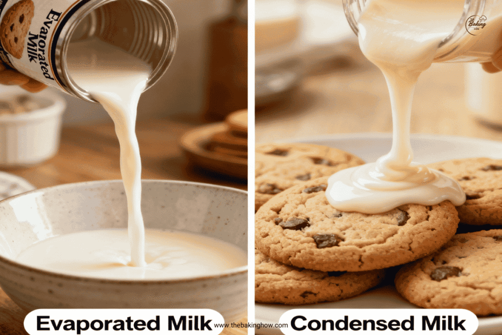 Side-by-side photo of evaporated milk being poured and condensed milk drizzling over cookies showing texture and sweetness contrast.
