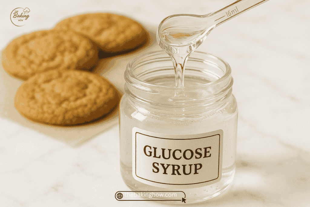 Thick clear glucose syrup being drizzled from a jar beside baked cookies.