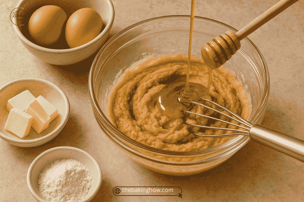 Honey being poured into cookie dough bowl with baking ingredients.
